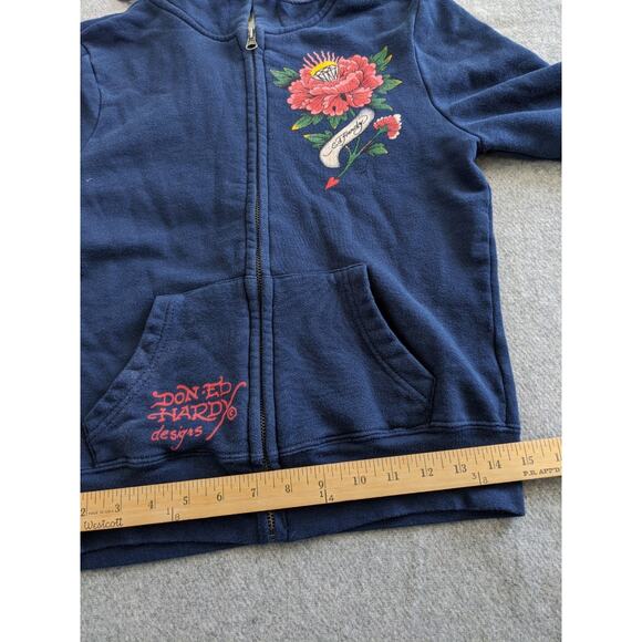 Vintage Y2K Christian Audigier Ed Hardy Full Zip Hoodie Sweater Blue Womens S - Picture 10 of 11